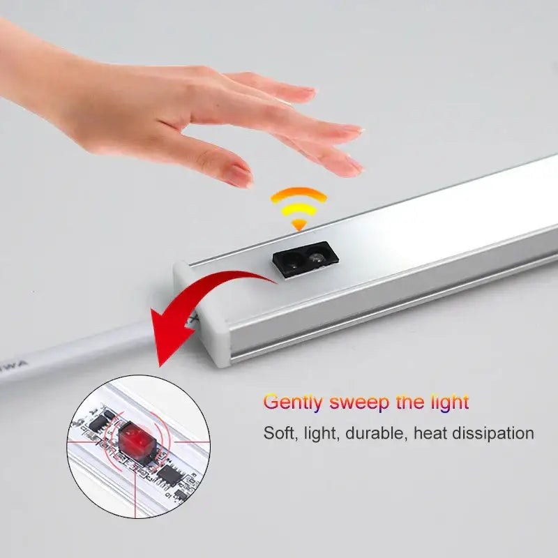 Silver aluminum decorbites led kitchen cabinet light with black motion sensor and red circuit board detail for cabinets