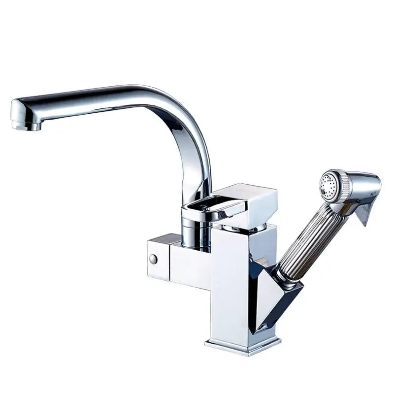 Modern chrome-finished decorbites led kitchen faucet mixer with angular design swivel spouts and pull-out spray nozzle