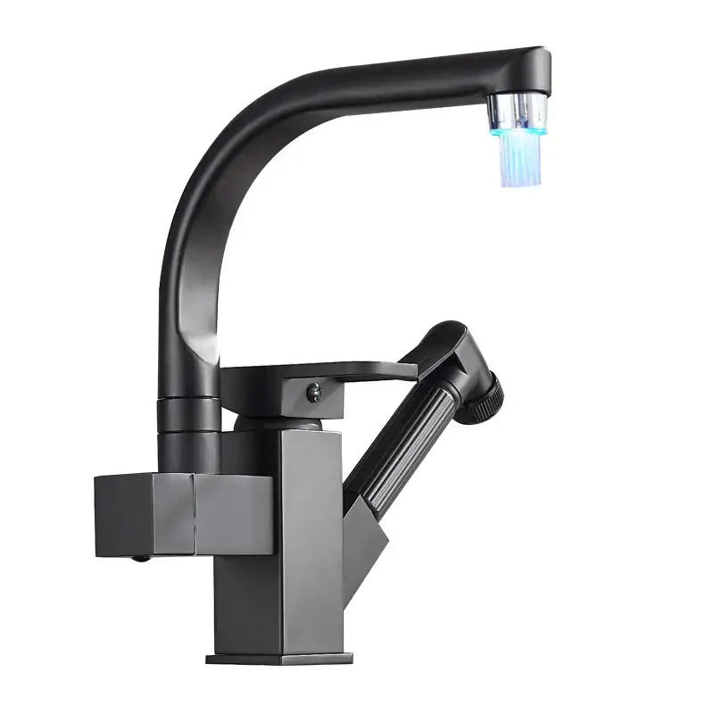 Black matte decorbites led kitchen faucet mixer with curved spout and blue led lighting at the nozzle