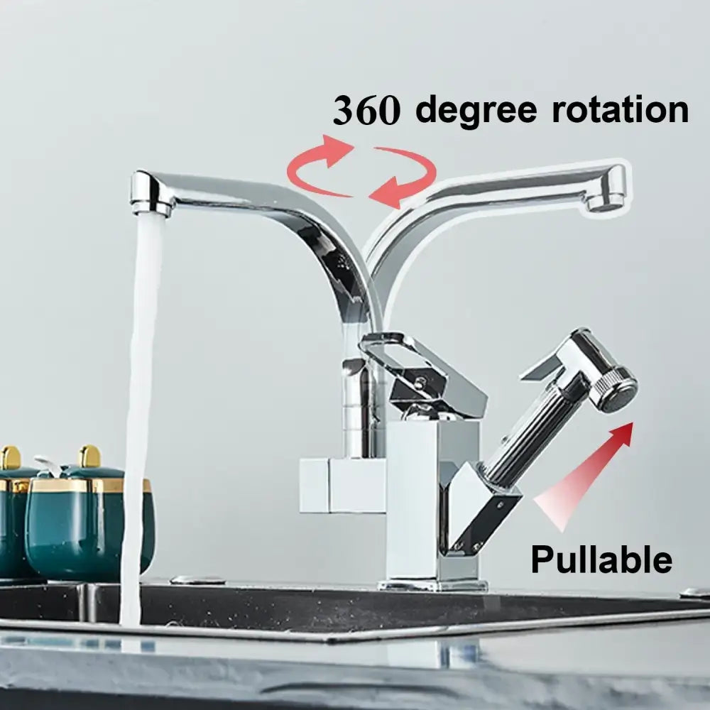 Modern chrome-finished decorbites led kitchen faucet mixer with sleek angular design and pull-out spray nozzle