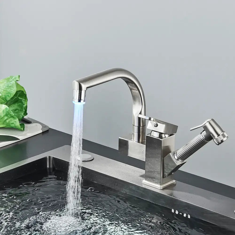 Modern stainless steel decorbites led kitchen faucet mixer with sleek curved spout and integrated pull-out spray nozzle