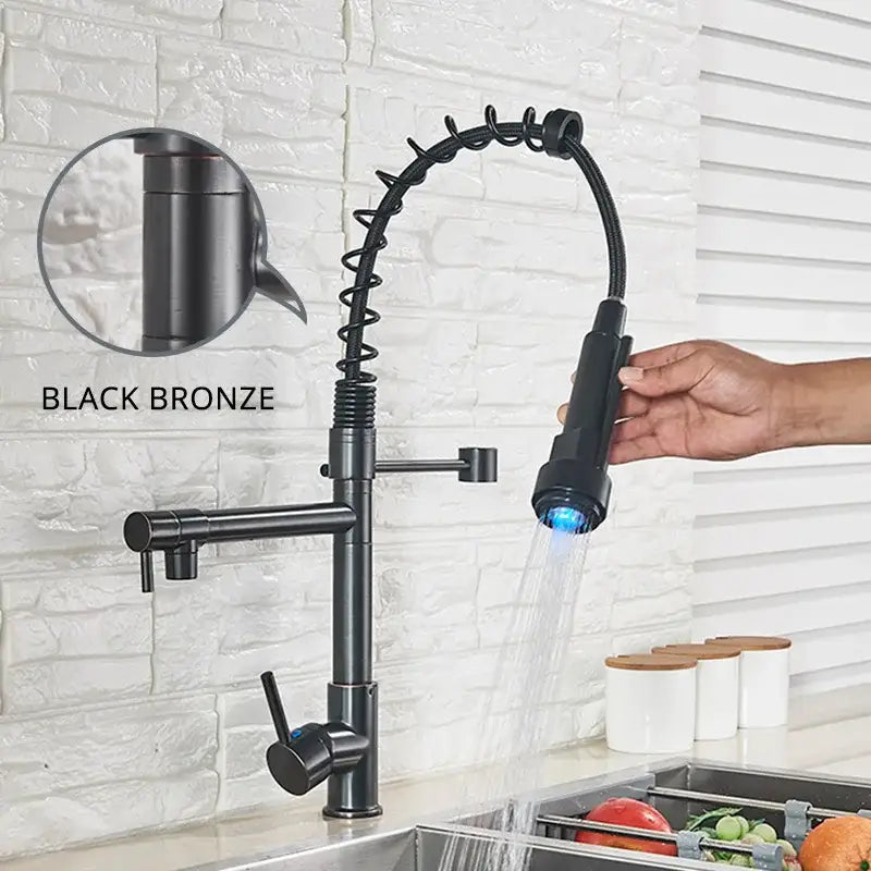 Black bronze decorbites led kitchen faucet with flexible coiled spout and blue led lighting for vessel sink use