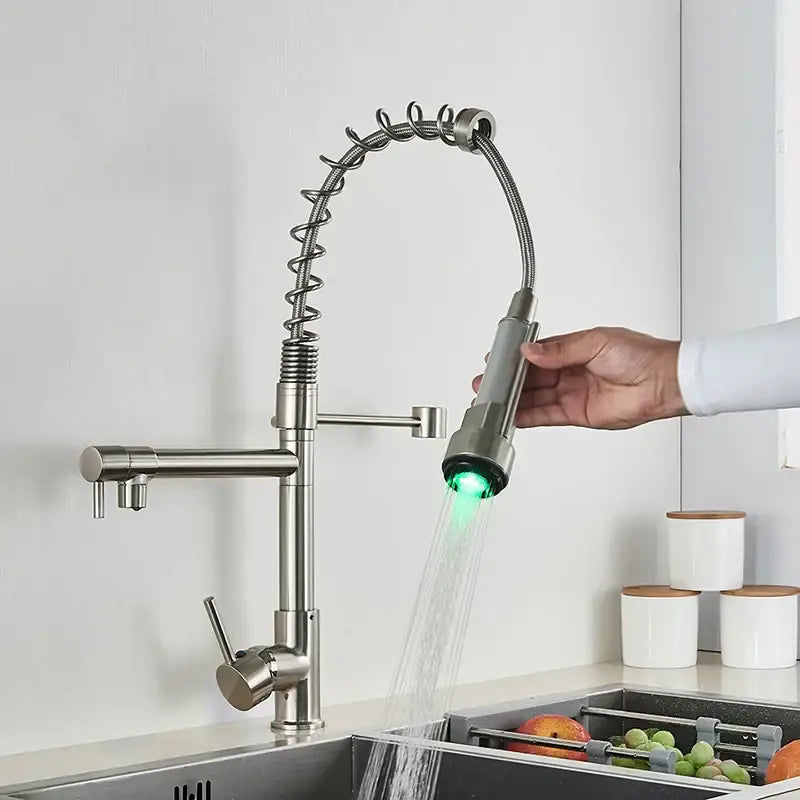 Stainless steel decorbites led kitchen faucet with flexible coiled hose and green led lighting for vessel sink use