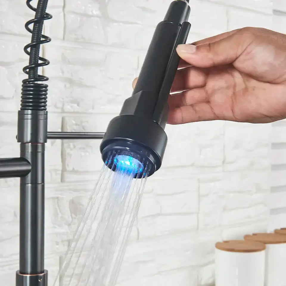 Black brass decorbites led kitchen faucet with blue led lighting pull down mixer tap for hot cold water vessel sink