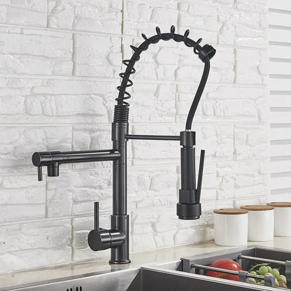 Black matte kitchen faucet with coiled spring spout and pull-down spray head decorbites led kitchen mixer tap brass
