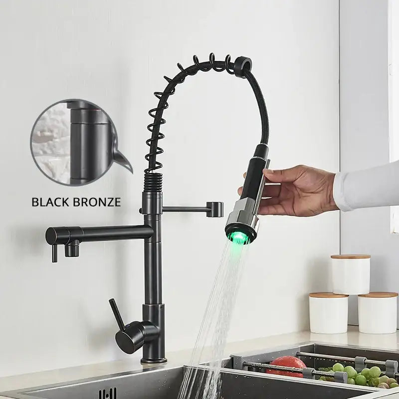Black bronze DecorBites LED kitchen faucet with flexible coiled spout and green LED lighting for vessel sink use