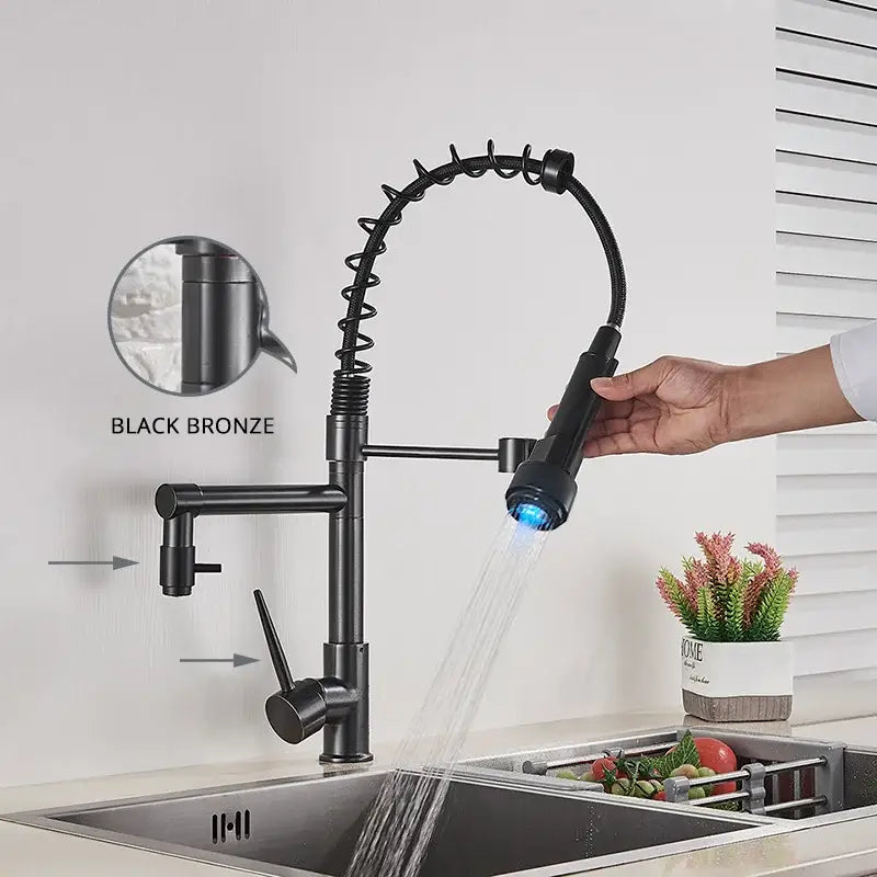 Black bronze decorbites led kitchen faucet with flexible coiled spout and blue led lighting for vessel sink use