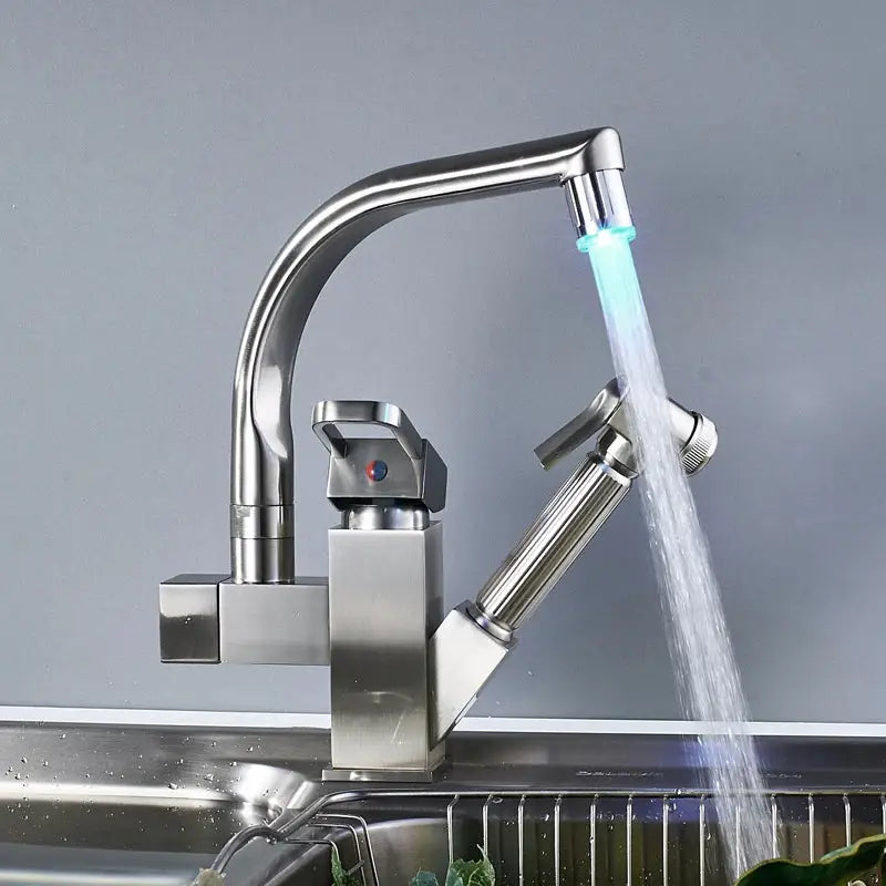 Stainless steel decorbites led kitchen faucet with integrated spray nozzle and blue led light for modern kitchens