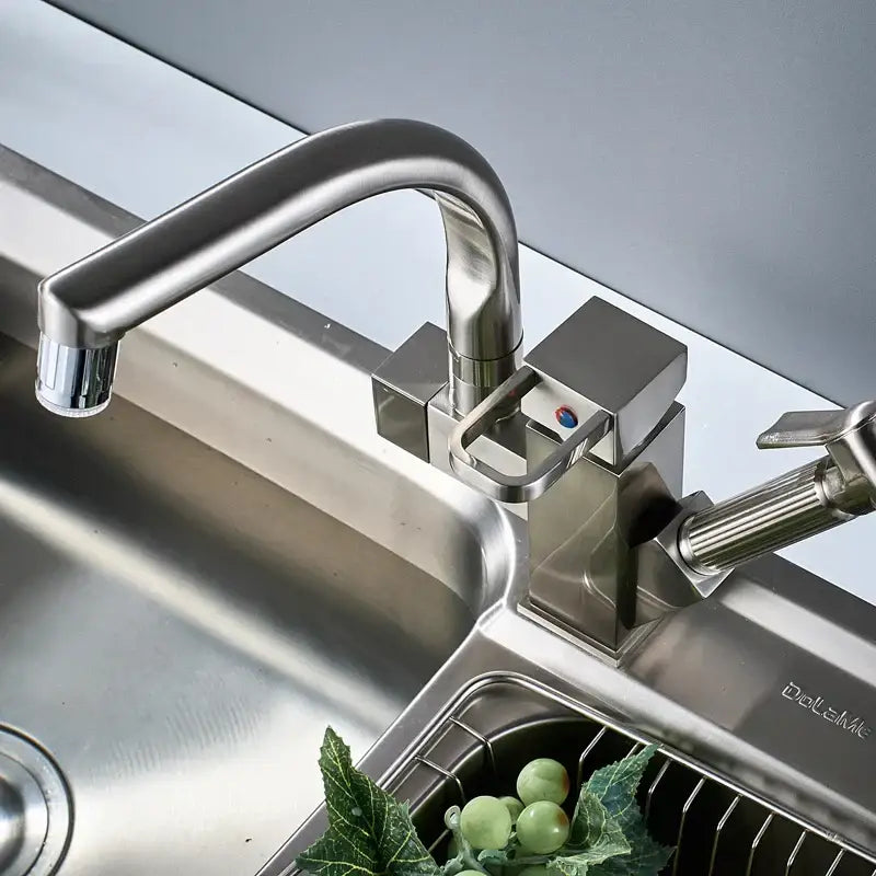 Modern brushed stainless steel decorbites led kitchen faucet with sleek angular design and square handle pull out sprayer