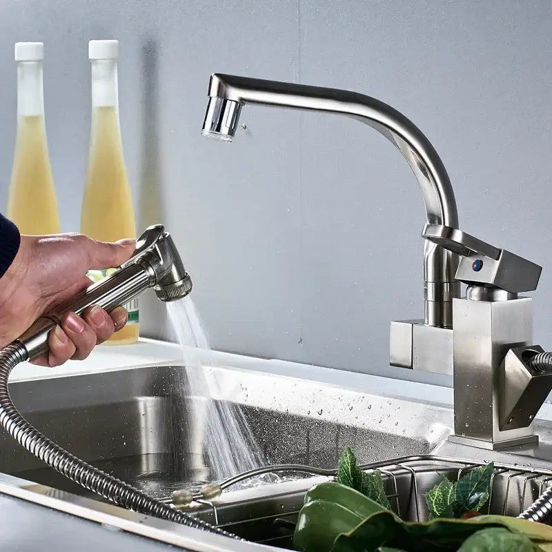 Modern brushed stainless steel decorbites led kitchen faucet with sleek curved spout and pull out spray nozzle