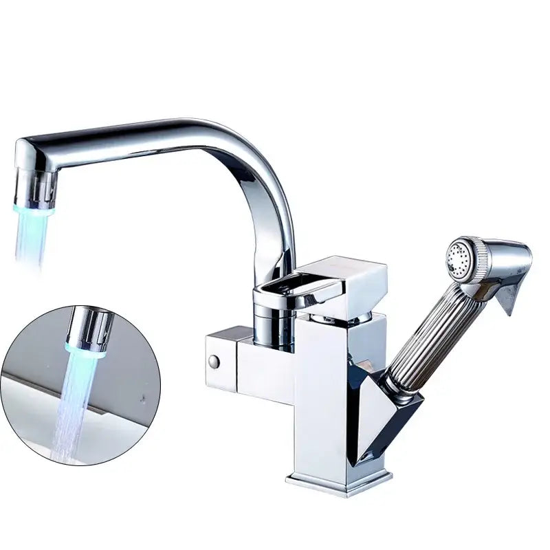 Chrome finished DecorBites led kitchen faucet with sleek angular design and integrated spray nozzle for hot cold use