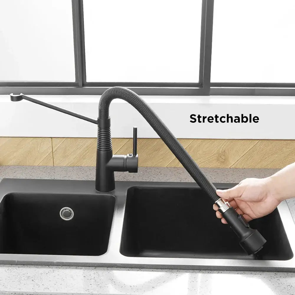 Black stretchable decorbites led kitchen faucet with flexible hose and sleek modern design for single hole installation