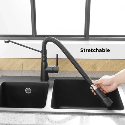 Black stretchable decorbites led kitchen faucet with flexible hose and sleek modern design for single hole installation