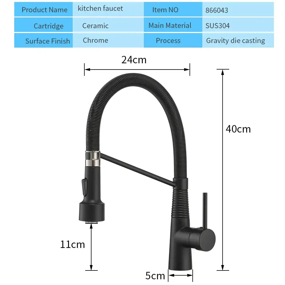 Black decorbites led kitchen faucet with flexible ribbed gooseneck spout and chrome accents for single hole installation