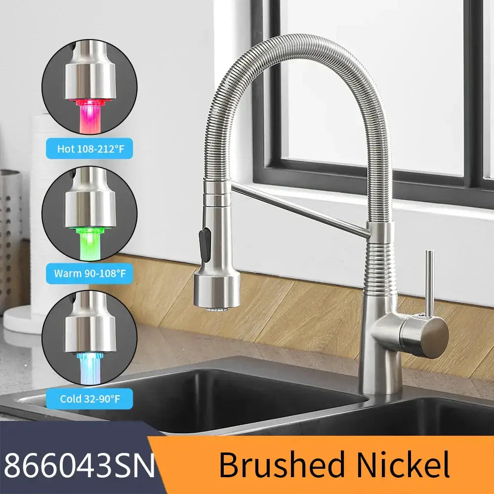 Brushed nickel decorbites led kitchen faucet with flexible gooseneck spout and color-changing led temperature indicator