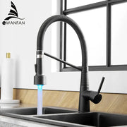 Black matte decorbites led kitchen faucet with flexible gooseneck spout blue led lighting pull-down spray head and lever handle
