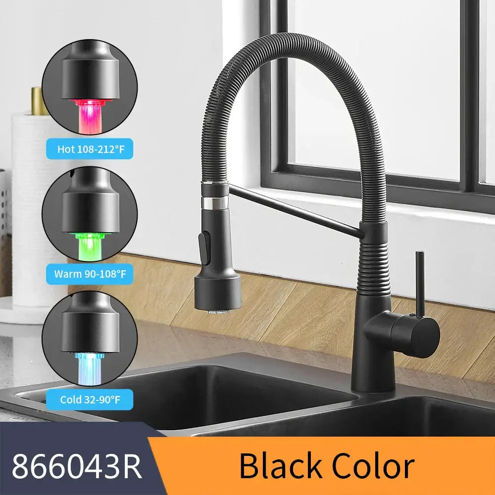 Black matte finish DecorBites LED kitchen faucet with flexible gooseneck spout and LED temperature indicator lights