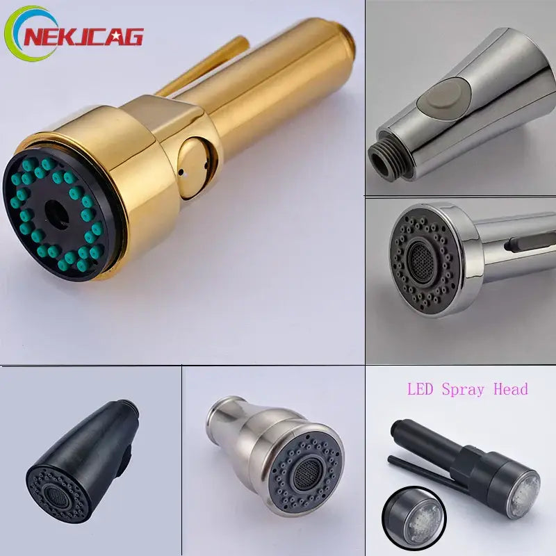 Gold-colored decorbites led kitchen faucet spray head with teal nozzles and sleek modern design for kitchen use
