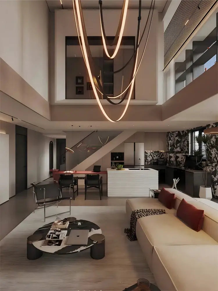 A modern living room with a trendy diy flexible decorbites™ led leather belt chandelier above a white sofa with red cushions