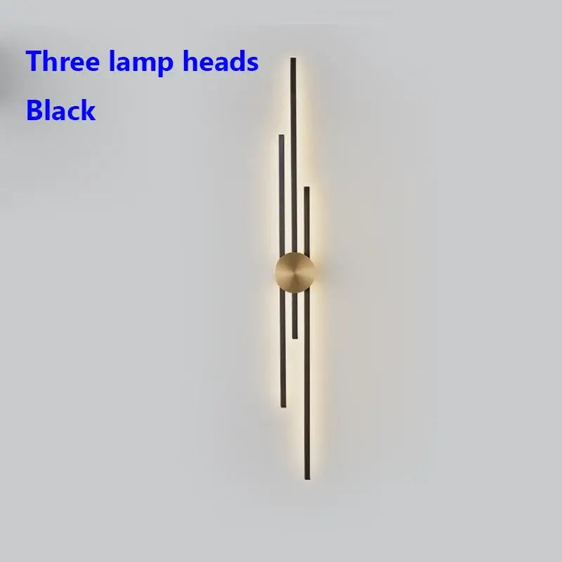 Black wall lamp decorbites led long with three slender vertical heads and gold-tone accent for living room lighting