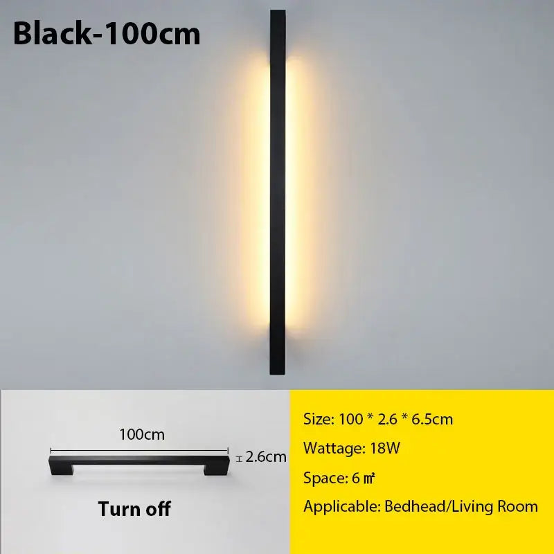 Black 100cm slim LED long wall lamp by DecorBites featuring sleek modern design and warm ambient lighting for interiors