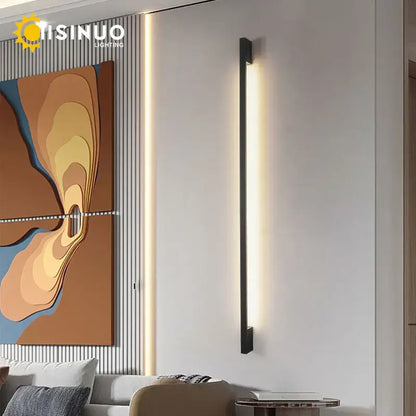 Modern black minimalist wall lamp decorbites led long with sleek rectangular design emitting warm ambient light