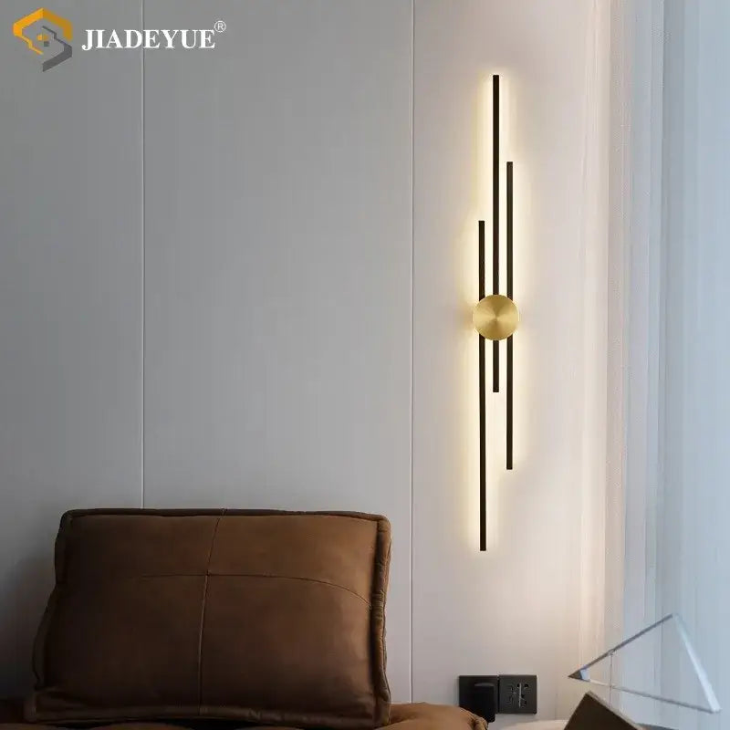 Modern minimalist decorbites led long wall lamp with black vertical bars and gold accent for living room ambient lighting