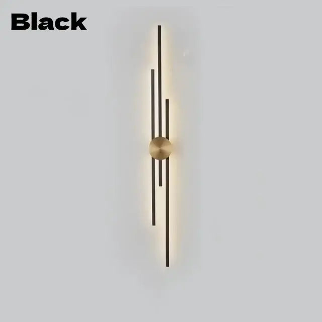 Black modern wall lamp with slender vertical bars and brass circular accent from decorbites led long wall series