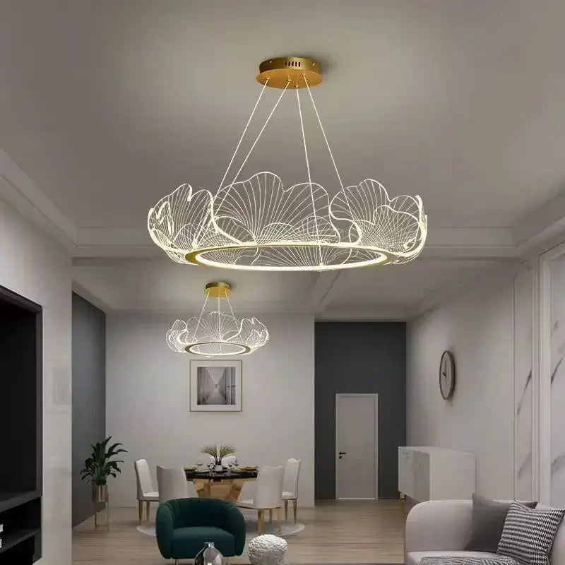 Gold-toned DecorBites LED lotus leaf ceiling chandelier with intricate illuminated lotus petal design for modern living room