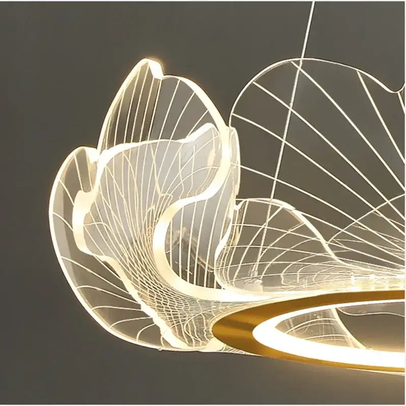 Elegant decorbites led lotus leaf ceiling chandelier with gold accents translucent glass panels and intricate wireframe detailing