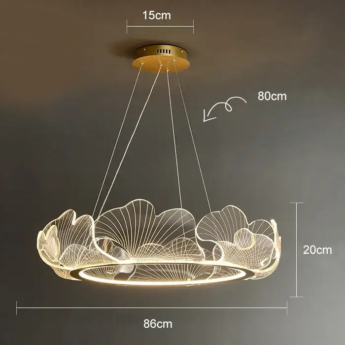 A modern decorbites led lotus pendant light with translucent overlapping ginkgo leaf design and warm led lighting
