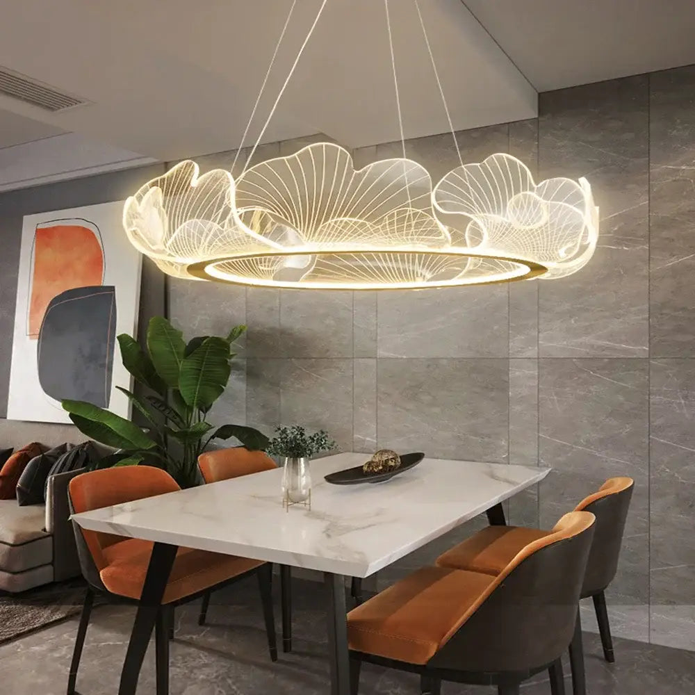 Decorbites led lotus leaf ceiling chandelier modern circular pendant light with glowing golden outline and leaf patterns