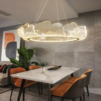 Decorbites led lotus leaf ceiling chandelier modern circular pendant light with glowing golden outline and leaf patterns