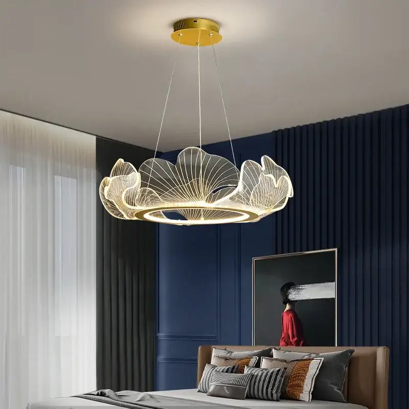 Gold-toned decorbites led lotus leaf pendant ceiling light with delicate illuminated design for modern living spaces