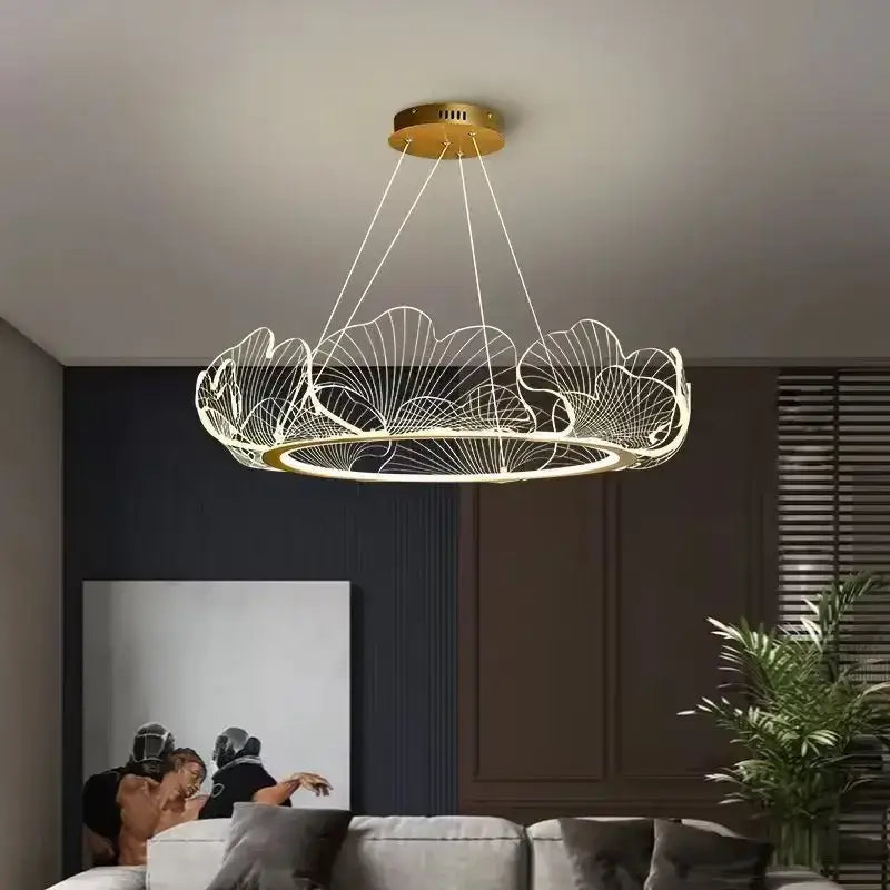 Gold-toned decorbites led lotus leaf chandelier with intricate wireframe design and illuminated inner ring for modern rooms