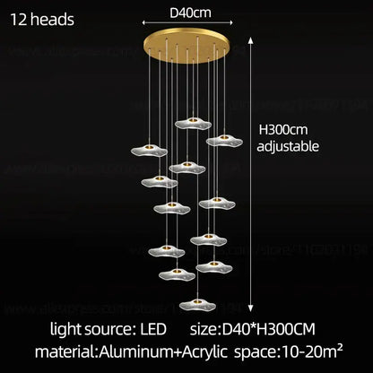 Gold-toned decorbites led lotus leaf staircase chandelier with 12 acrylic cloud-shaped lamp heads for modern spaces