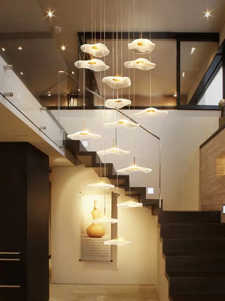 DecorBites led lotus leaf staircase chandelier with white mesh cloud design and warm golden accents for modern spaces
