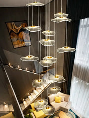Modern decorbites led lotus chandelier with translucent fan-shaped glass shades for lotus leaf staircase lighting