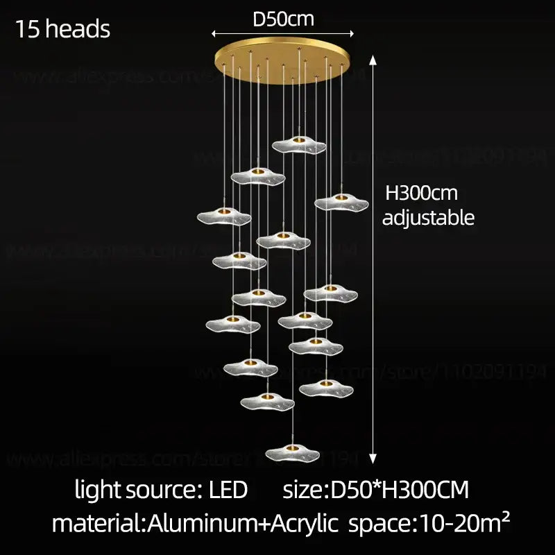 Gold-toned decorbites led lotus leaf staircase chandelier with 15 translucent acrylic cloud-shaped lights for modern spaces