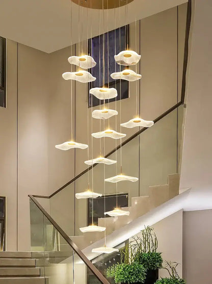 DecorBites led lotus leaf staircase chandelier with white petal lights and gold mount for hotel lobby kitchen and villa