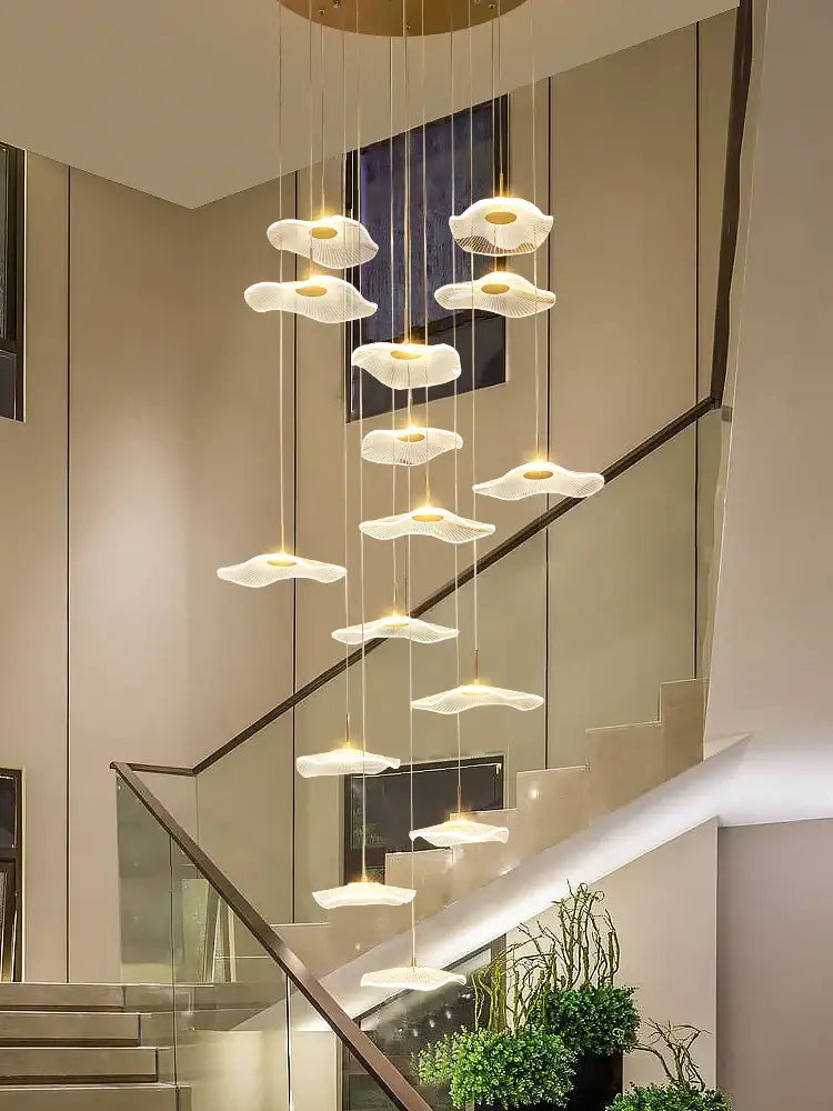 DecorBites led lotus leaf staircase chandelier with white petal lights and gold mount for hotel lobby kitchen and villa