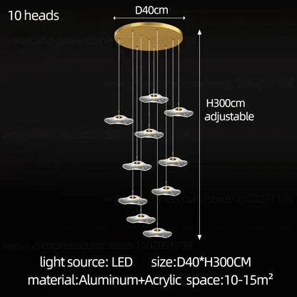 Gold-toned decorbites led lotus leaf staircase chandelier with ten cloud-shaped acrylic lamps on aluminum base for modern spaces