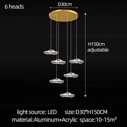 Gold-toned decorbites led lotus lotus leaf staircase chandelier with six acrylic cloud-shaped lamp heads and aluminum base