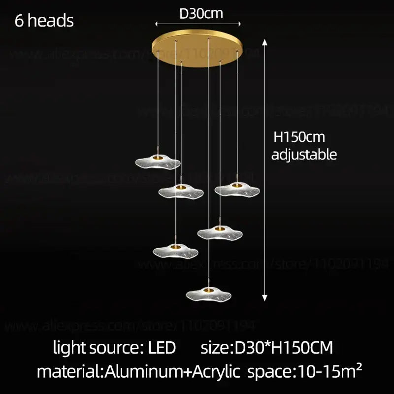 Gold-toned decorbites led lotus lotus leaf staircase chandelier with six acrylic cloud-shaped lamp heads and aluminum base