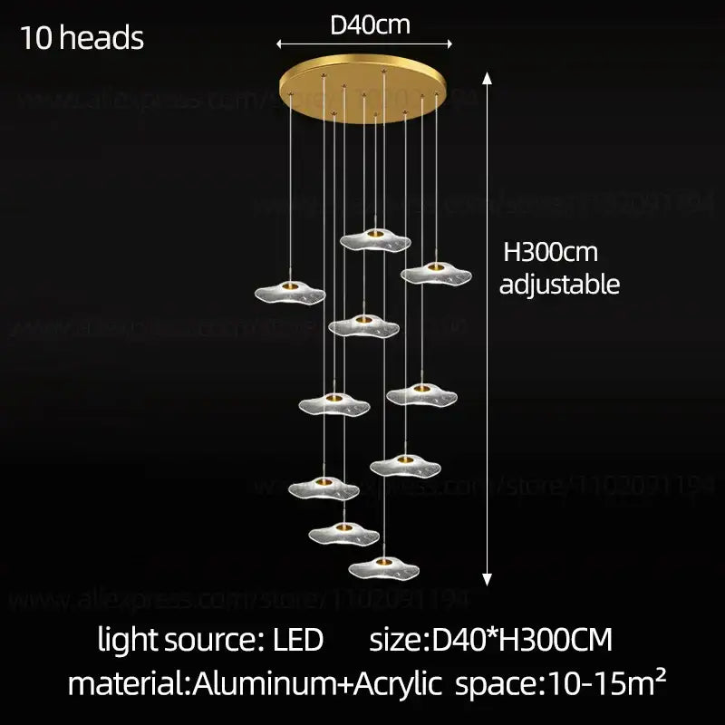 Gold-toned decorbites led lotus chandelier with ten cloud-shaped acrylic lamps suspended on aluminum base for modern lighting