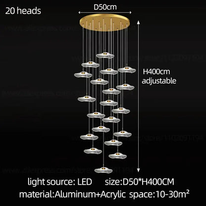 Gold-toned decorbites led lotus chandelier with 20 cloud-shaped LED lights on adjustable aluminum lotus staircase chandelier base