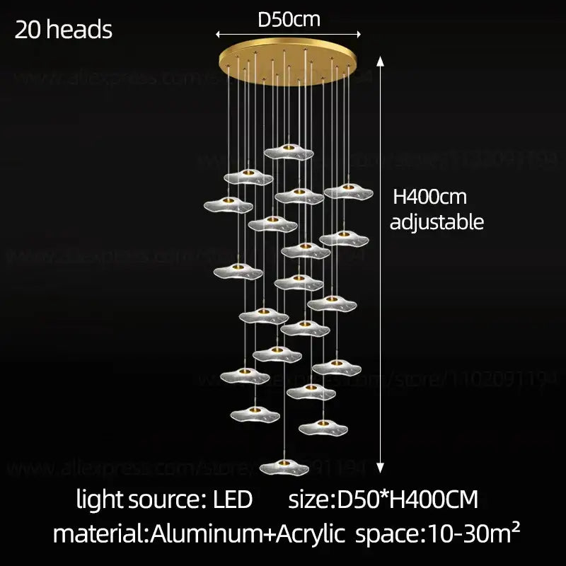 Gold-toned decorbites led lotus chandelier with 20 cloud-shaped LED lights on adjustable aluminum lotus staircase chandelier base