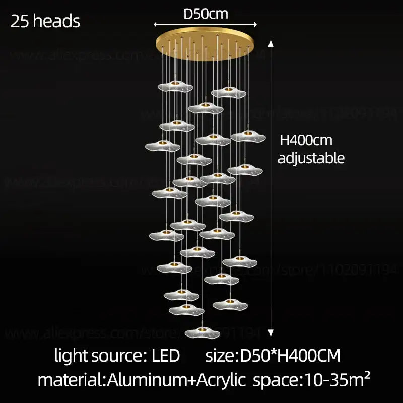 Gold-toned decorbites led lotus chandelier with 25 translucent acrylic lights suspended from aluminum ceiling mount for modern spaces