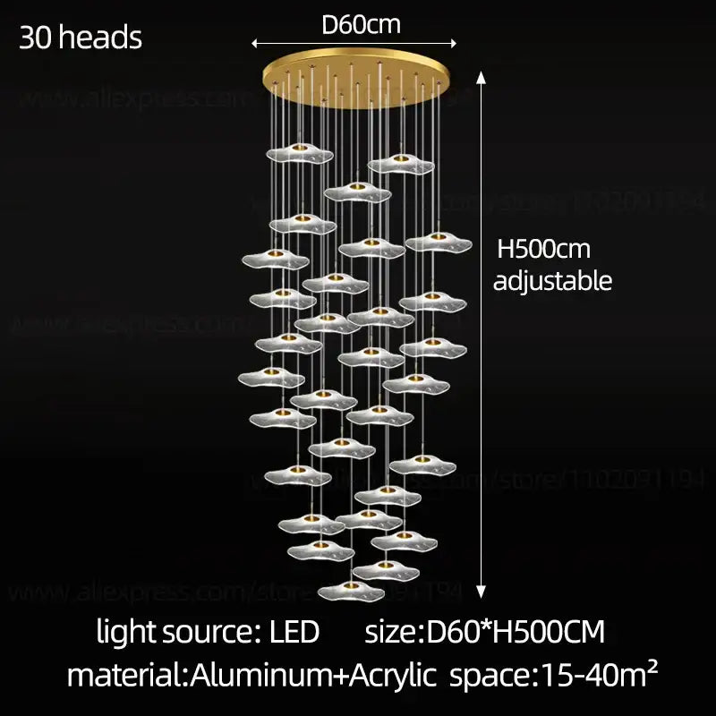 Gold-toned decorbites led lotus staircase chandelier with 30 translucent cloud-shaped acrylic lights for hotel lobby lighting