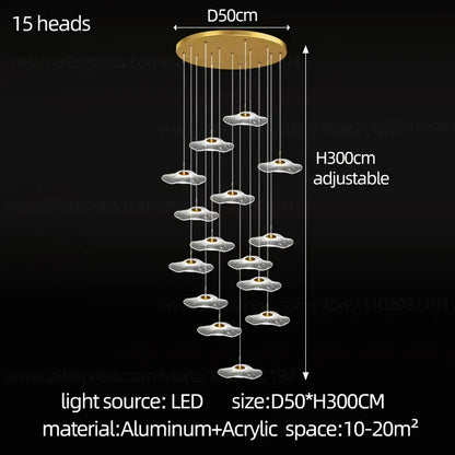 Gold-toned DecorBites LED Lotus chandelier with 15 translucent acrylic cloud-shaped lights for modern staircase lighting